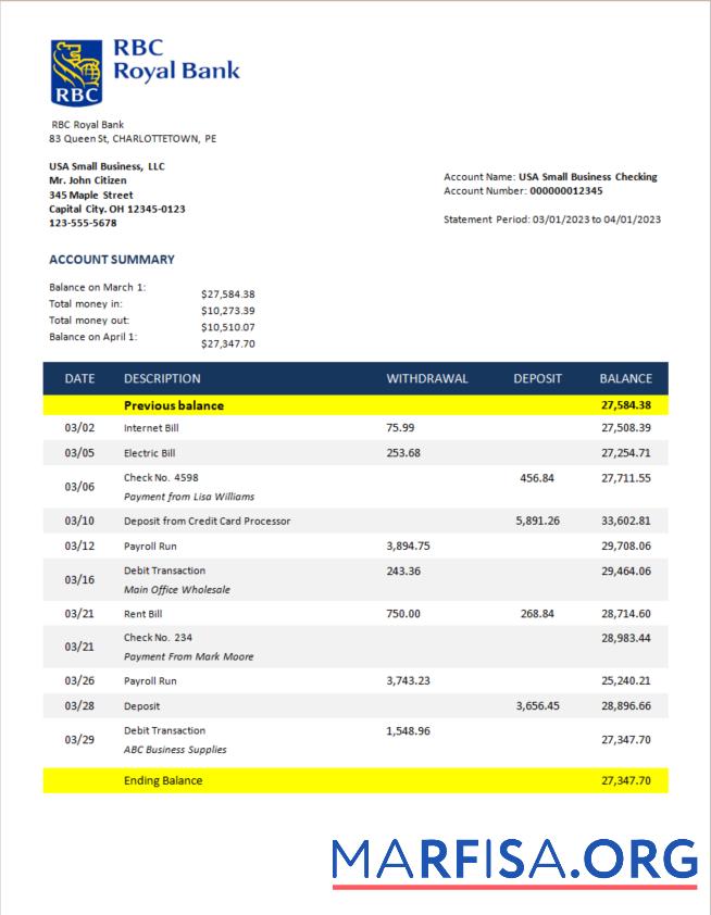 Printable RBC Royal Bank enterprise checking account statement Word and PDF template